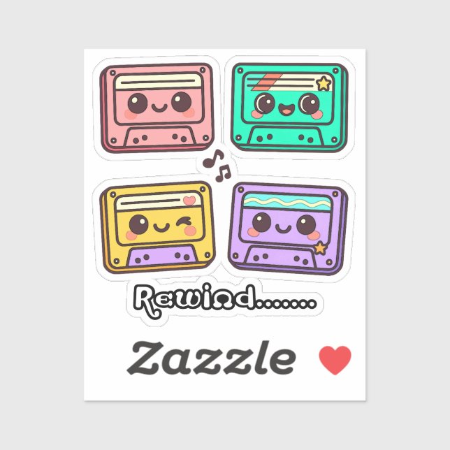 Adesivo Cute Retro Cassette Tape "Rewind" Kawaii Design (Folha)
