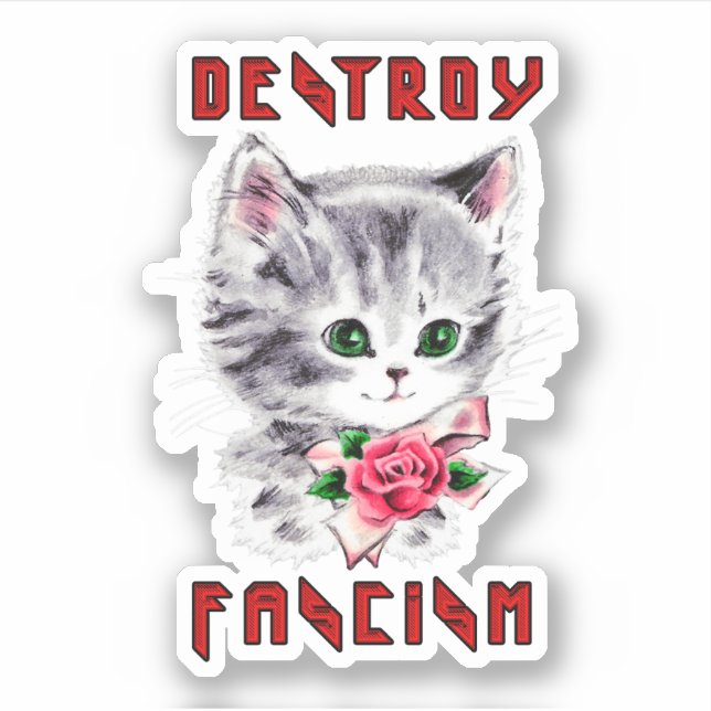 Adesivo Cute Retro Kitten - Destrua o fascismo (Frente)