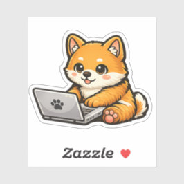 Adesivo Cute Shiba Inu com Laptop – Ilustração de Cachorro
