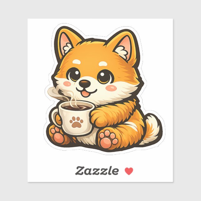 Adesivo Cute Shiba Inu with Coffee – Cozy Dog Illustration (Folha)