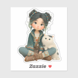 Adesivo Cute Sitting Girl with Cat – Cozy Character Sticke