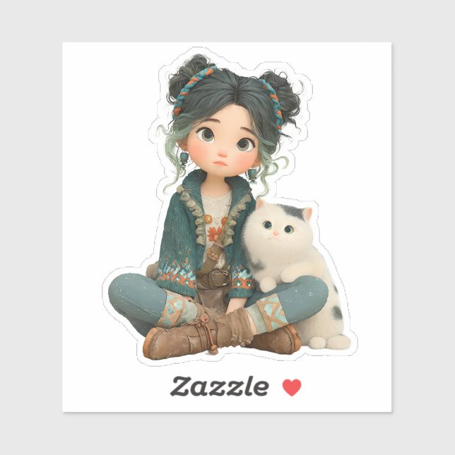 Adesivo Cute Sitting Girl with Cat – Cozy Character Sticke (Folha)