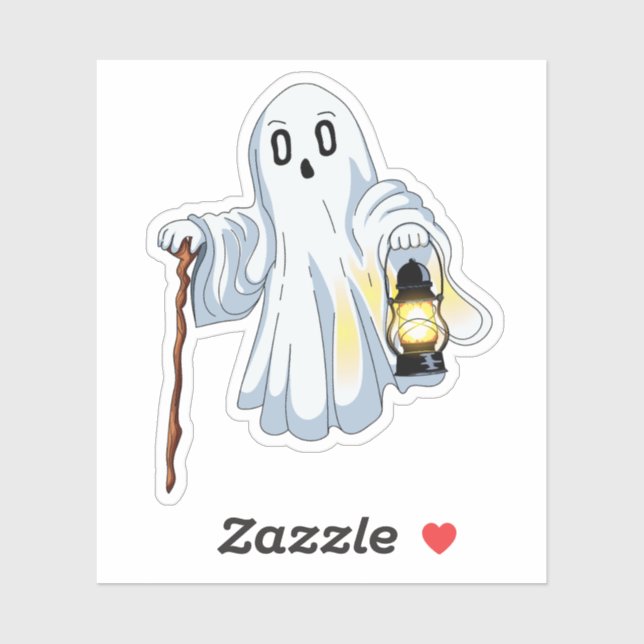 Adesivo Cute Spooky Ghost with Lantern and Wooden Cane  (Folha)