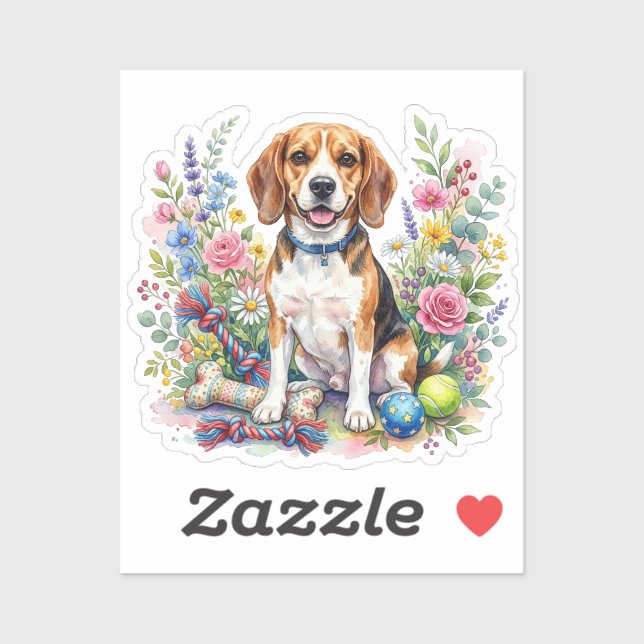 Adesivo Cute Watercolor Beagle in Flowers (Folha)