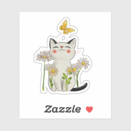 Adesivo Cute Watercolor Cat with Daisies and Butterfly