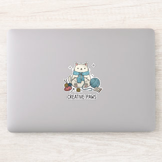 Adesivo Cute White Cat Knitting Scarf Blue Yarn Graphic 