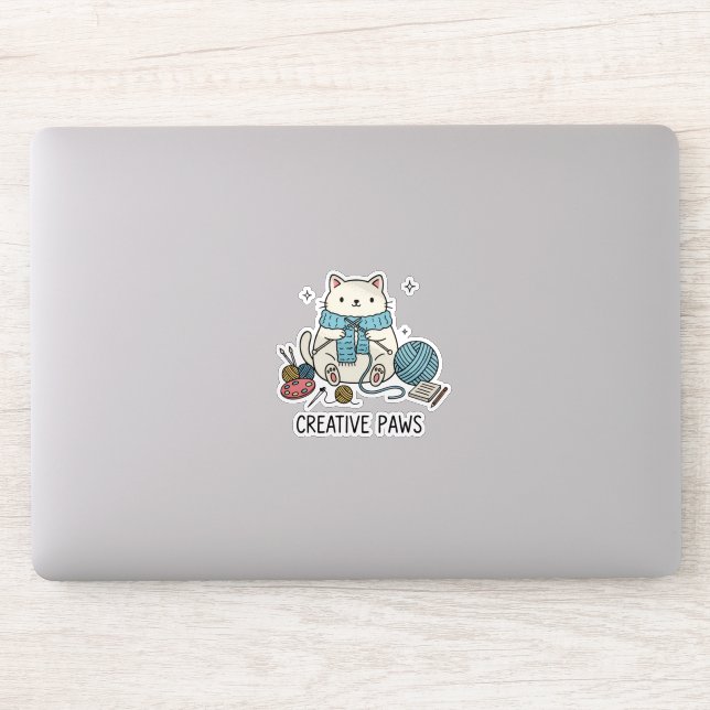 Adesivo Cute White Cat Knitting Scarf Blue Yarn Graphic  (Computador)