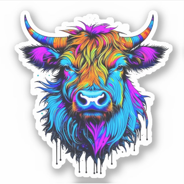 Adesivo Cyberpunk Colorful Ai Highland Cow (Frente)