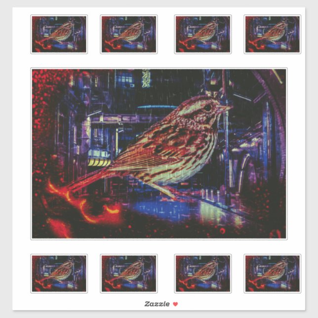 Adesivo Cyberpunk Sparrow in Neon Cityscape (Folha)