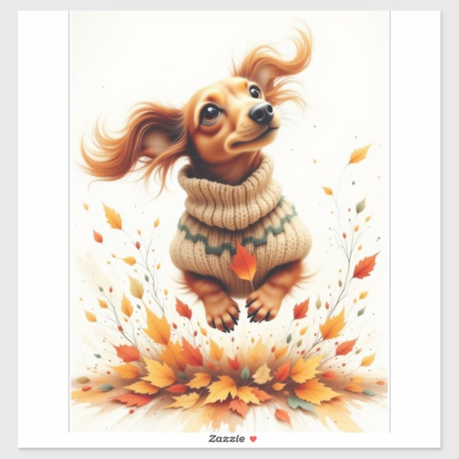 Adesivo Dachshund brincando nas folhas do outono (Folha)