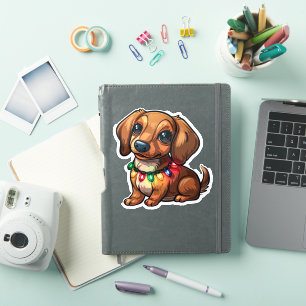 Adesivo Dachshund Travesso Envolto em Luzes de Natal