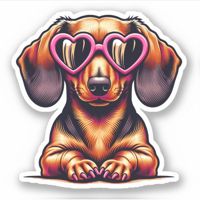 Adesivo Dachshund Vinyl Sticker - Óculos Cardíacos (Frente)