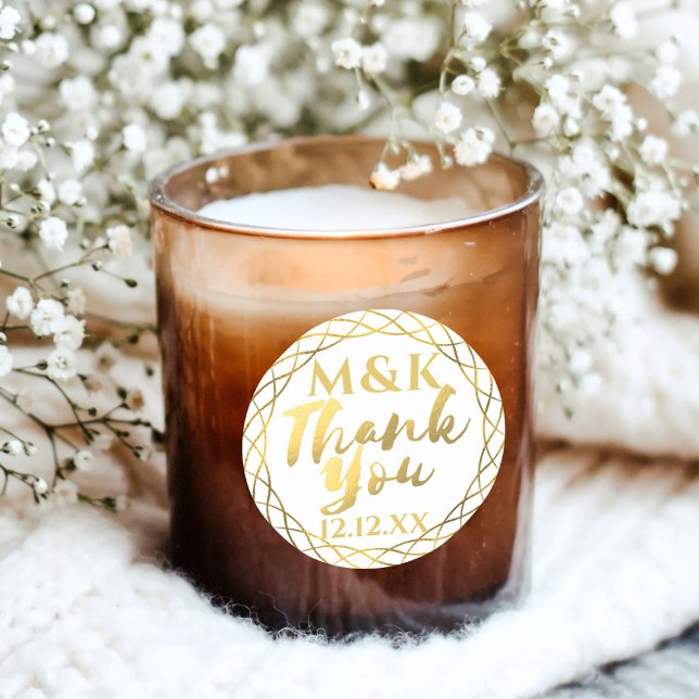 Adesivo de Agradecimento com Monograma Dourado par (Just add your initials and special date this these fancy faux foil stickers.)