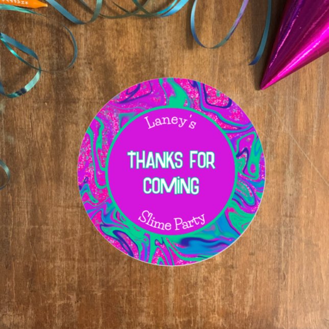 Adesivo de agradecimento para festa de aniversário (Customize this template for party favor thank you gifts. Bright groovy purple n aqua slime party
)