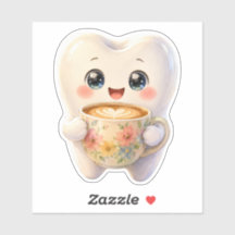 Adesivo de Aquarela Dente Fofo Bebendo Café