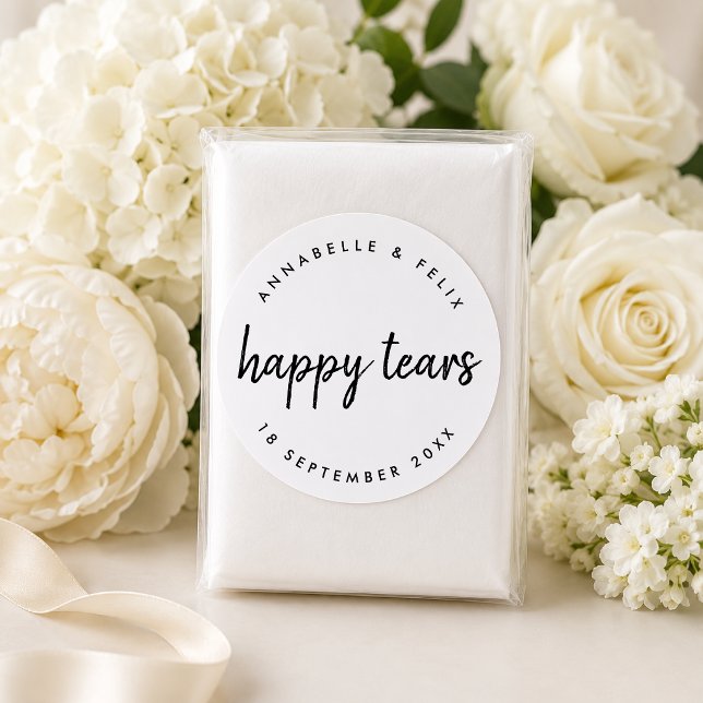 Adesivo de Casamento | Etiqueta de Pacote de Lenço (Personalized happy tears tissue packet sticker for ceremony seats and wedding guests.)