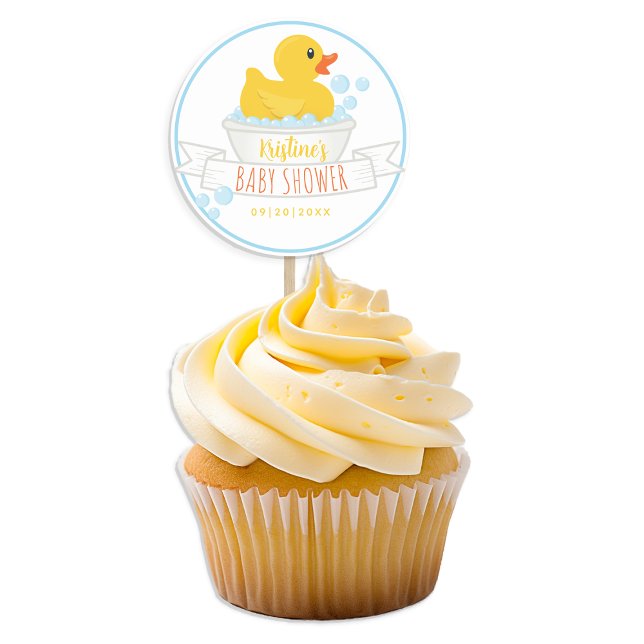 Adesivo de Chuveirinho de Bebê | Banho de Espuma A (blue and yellow rubber ducky cupcake topper baby shower party favor)