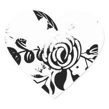 Adesivo de Coração Floral Desbotado Preto e Branco