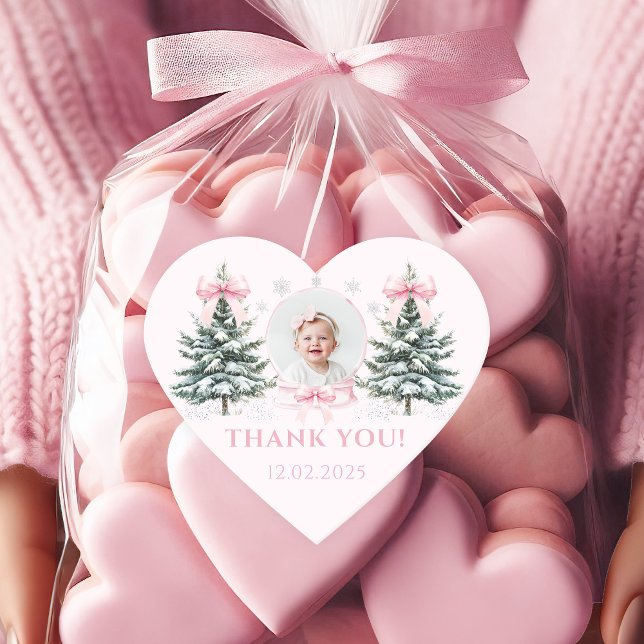 Adesivo de Coração Winter Onederland com Laço Rosa (Criador carregado)