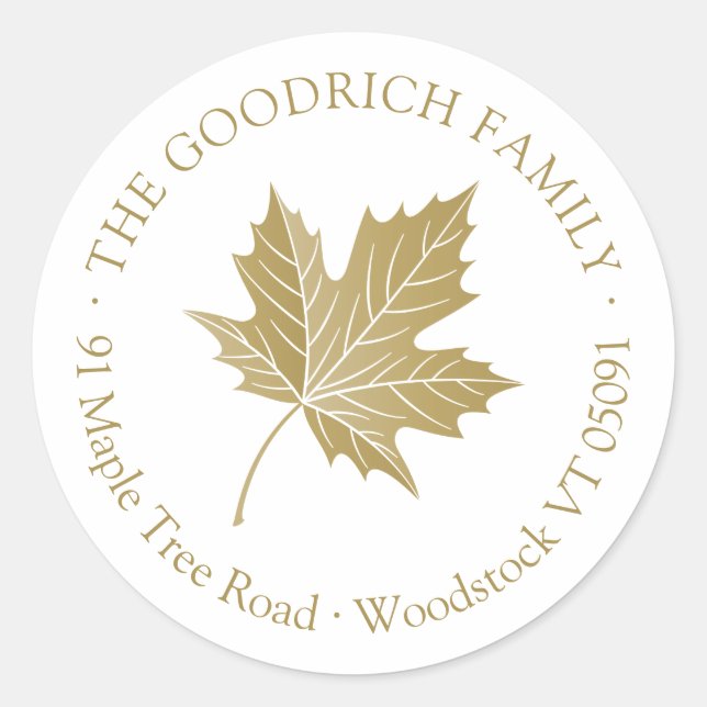 Adesivo de Endereço Redondo Folha de Maple em Ouro (Frente)