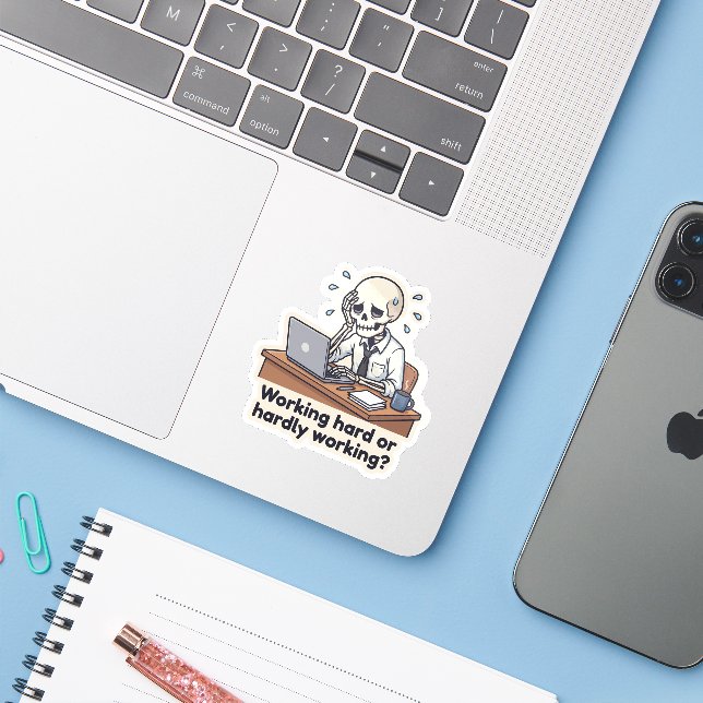 Adesivo de esgotamento no escritório de esqueleto  (Notebook com iPhone)