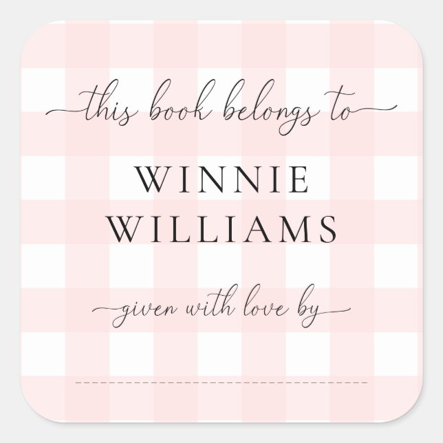 Adesivo de etiqueta de livro em gingham rosa (Frente)