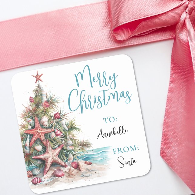 Adesivo de etiqueta de presente de Natal de Praia  (Tropical Beach Christmas Gift Tag Sticker)