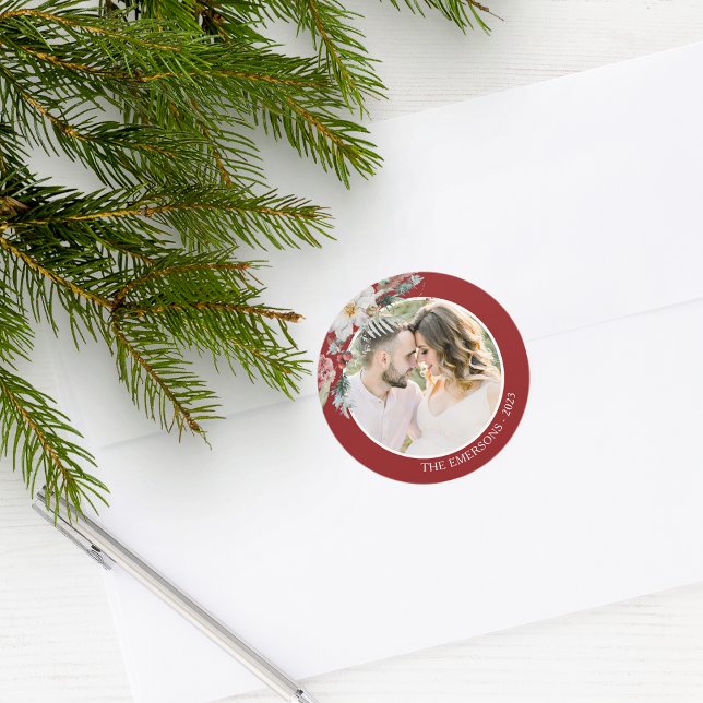Adesivo de Foto Botânica de Natal (Red Holiday Envelope Seal Merry Christmas Watercolor Floral Botanical Berries with Photo)
