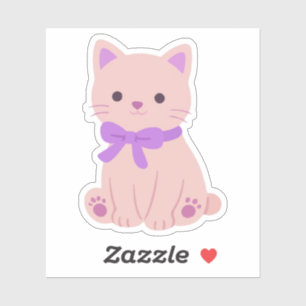 Adesivo de Gatinho Rosa Kawaii Fofo com Laço Roxo