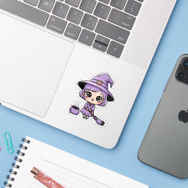 Adesivo de Halloween da Bruxa Roxa Kawaii