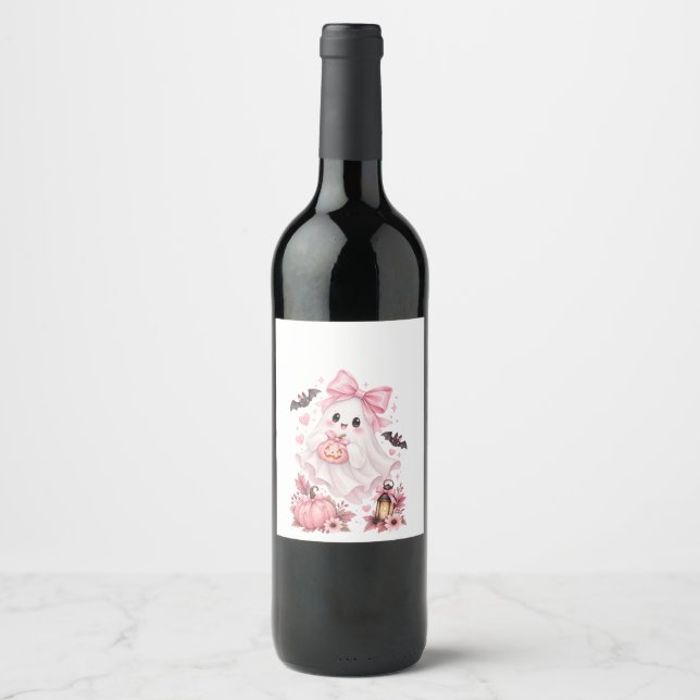 Adesivo de Halloween Fantasma com Laço Rosa Fofo (Frente)