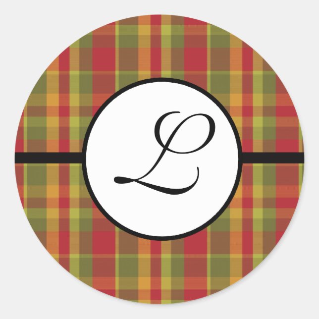 Adesivo de Monograma de Natal Xadrez Vermelho Verd (Frente)