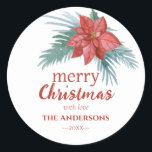 Adesivo de Poinsettia de Natal Floral Elegante<br><div class="desc">Adesivos de Natal para presentes ou um envelope com um cartão de Natal para familiares ou amigos com um motivo floral em aquarela de uma poinsettia entre ramos de pinheiro verde. Adesivos simples e bonitos em tons clássicos de vermelho e verde em um fundo branco.</div>