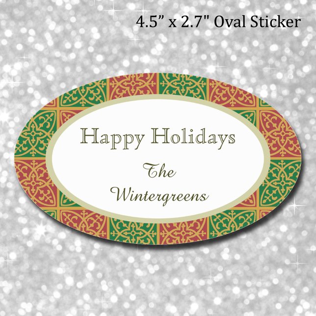 Adesivo de presentes Elegante Vermelho e Verde (Red Green Fleur-de-Lis Elegant Christmas Holiday Oval Sticker)
