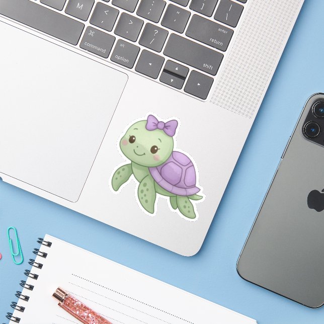 Adesivo de Tartaruga Menina Fofa com Concha Roxa  (Notebook com iPhone)