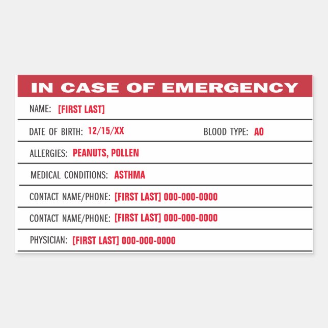 Adesivo de texto para adicionar informações de eme (Frente)