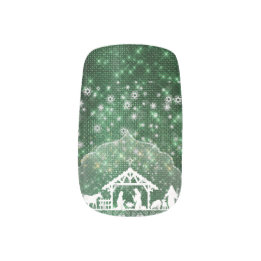 Adesivo De Unha Bela Natividade Cena Verde Faux Glitter