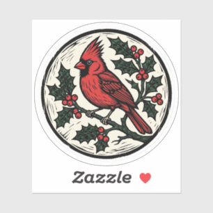 Adesivo de Xilogravura Cardinal e Holly em Linóleo