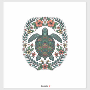 Adesivo Desenho Vetorial Floral de Tartaruga Marinha Vinta