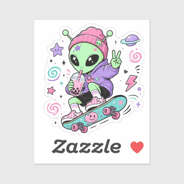 Adesivo Design de Bubble Tea com Alien Skater Kawaii (Folha)