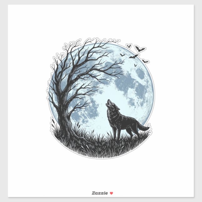 Adesivo Design Silhueta da Árvore da Lua Uivando Lobo Vint (Folha)