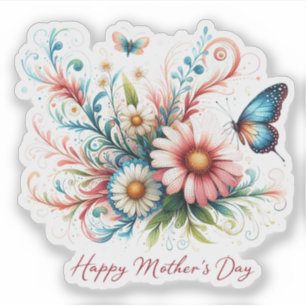 Adesivo Dia de as mães feliz floral, rosa e azul