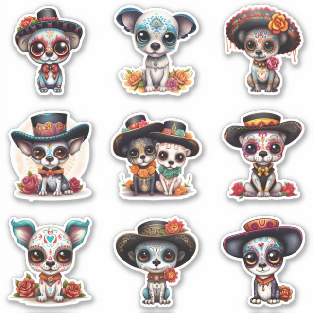 Adesivo Dia de Los Muertos Dog Stickers - Conjunto de 9 (Frente)