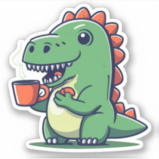 Adesivo Dinossauro Bonito segurando uma taça de café