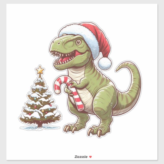 Adesivo Dinossauro de Natal bonito com canas doces (Folha)
