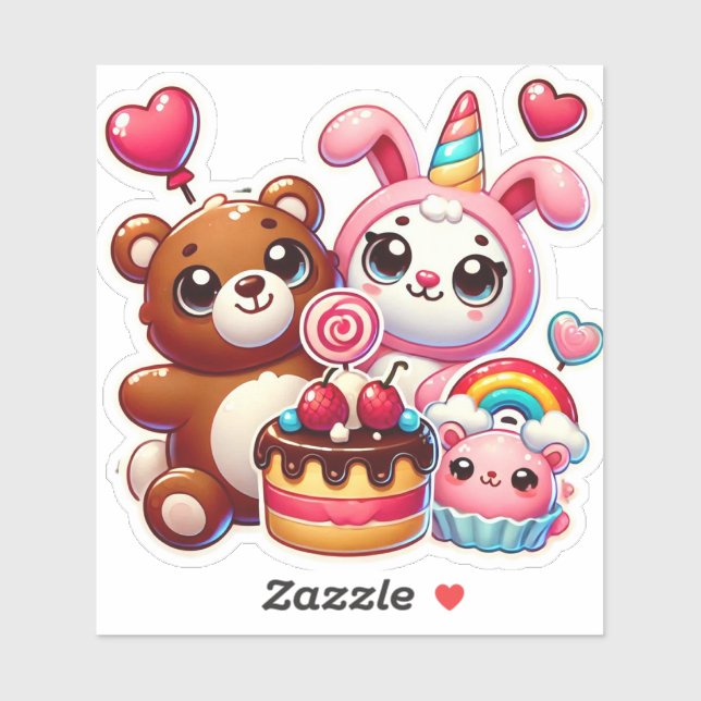 Adesivo Doce Cartoon Animal Heart Patches Puffy (Folha)