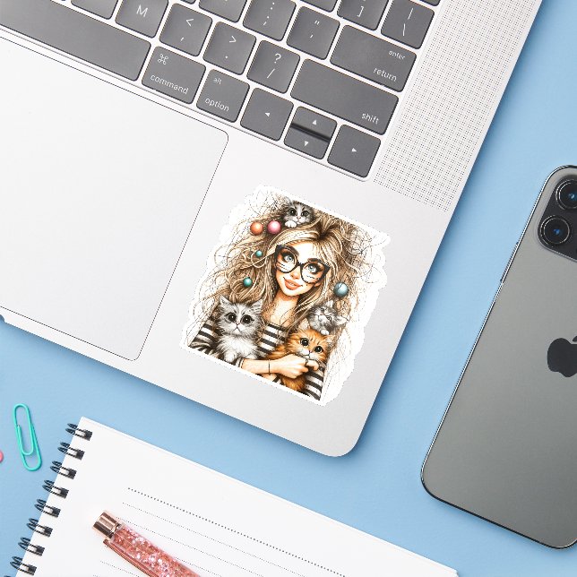 Adesivo Dona dos Gatos Maluca  (Notebook com iPhone)