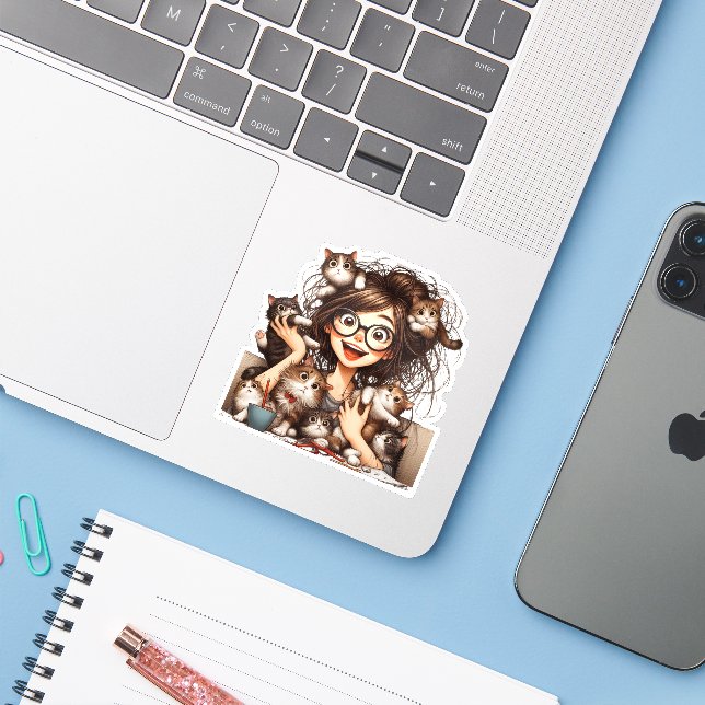 Adesivo Dona Louca dos Gatos  (Notebook com iPhone)