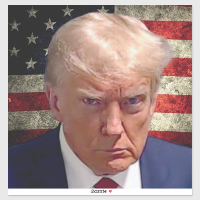 Adesivo Donald Trump Mug Shot Sticker com bandeira america (Folha)