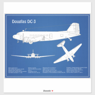 Adesivo Douglas DC-3 - Plano de desenho de projeto de aviã